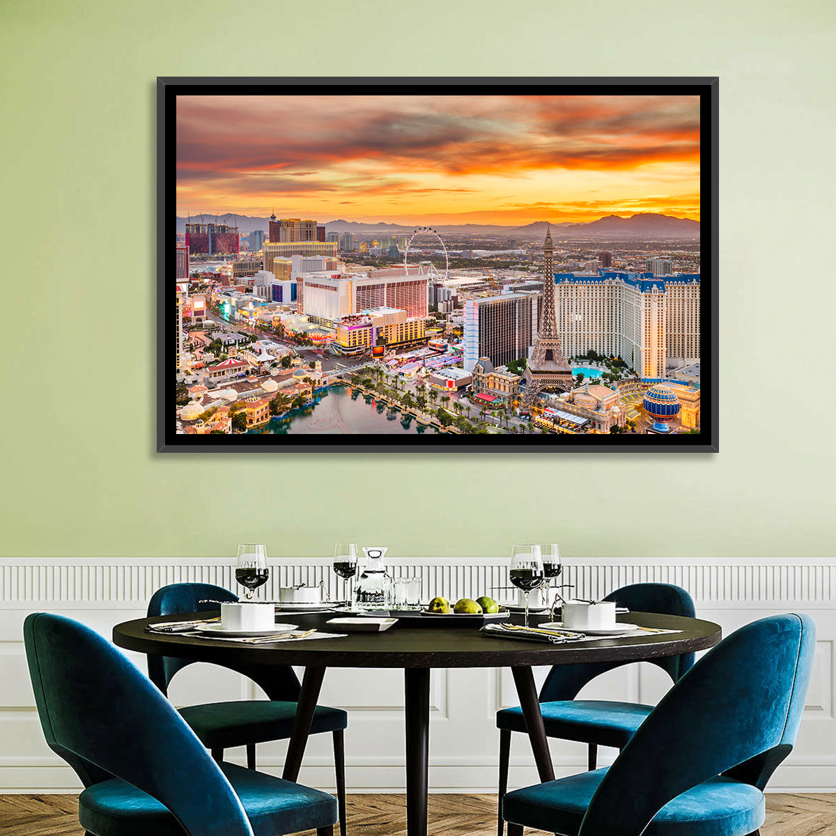 Las Vegas Strip Sunset Cityscape Wall Art in a room, landscape
