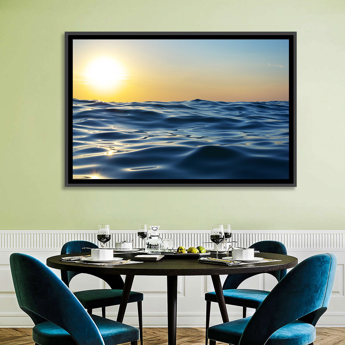Sunset Over Calm Waves Wall Art in a room, landscape