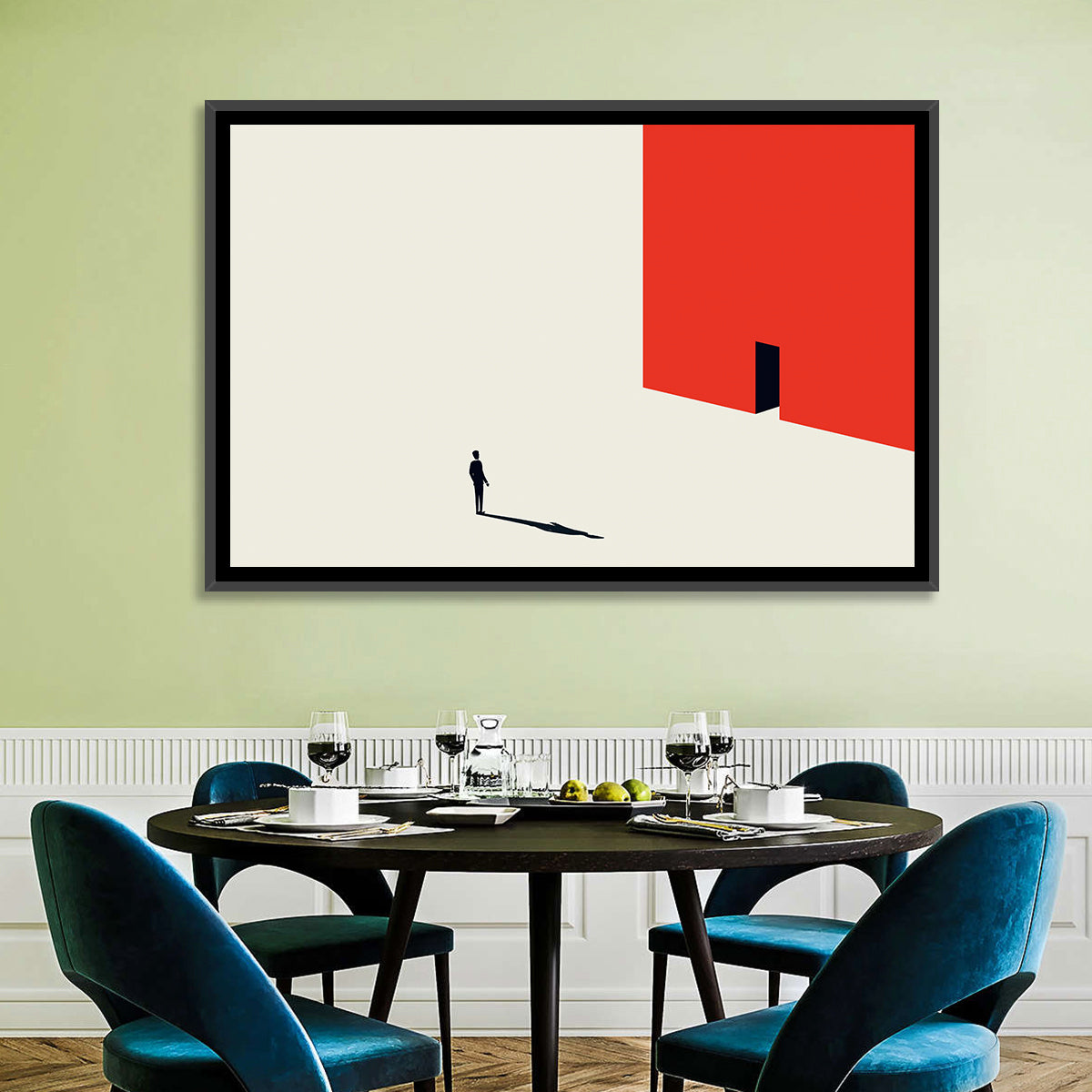 Solitary Figure with Red Door Wall Art in a room, landscape