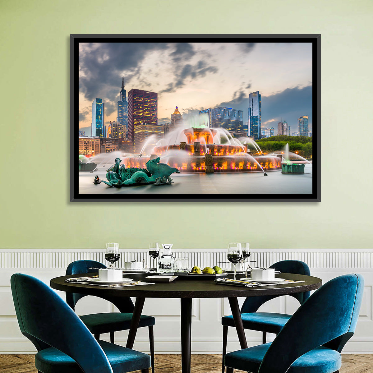 Buckingham Fountain and Chicago Skyline Wall Art in a room, landscape