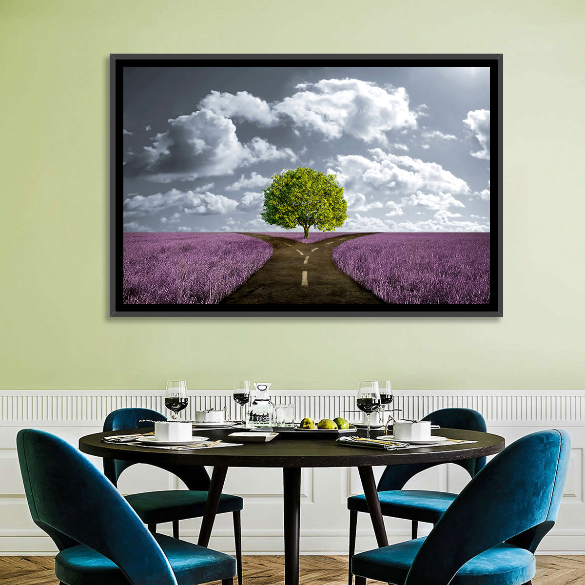 Lavender Field Crossroads with Lone Tree Wall Art in a room, landscape