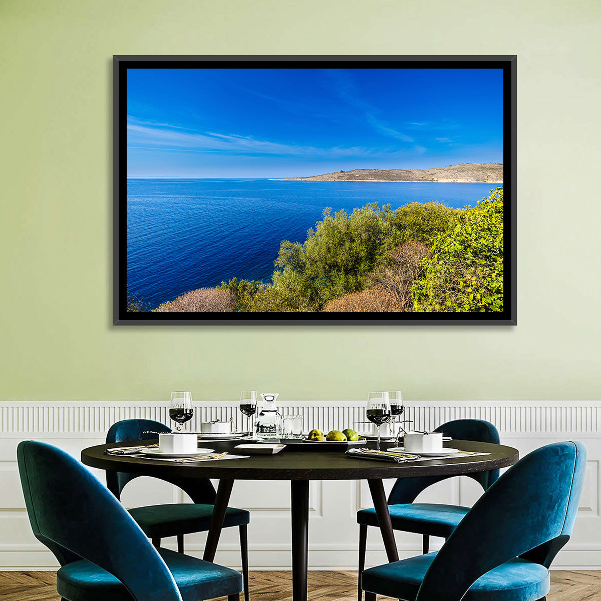 Sunlit Albanian Coastline Wall Art in a room, landscape