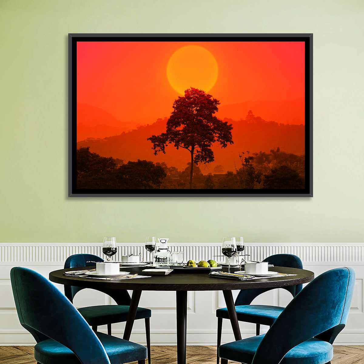 African Summer Sunset Wall Art in a room, landscape
