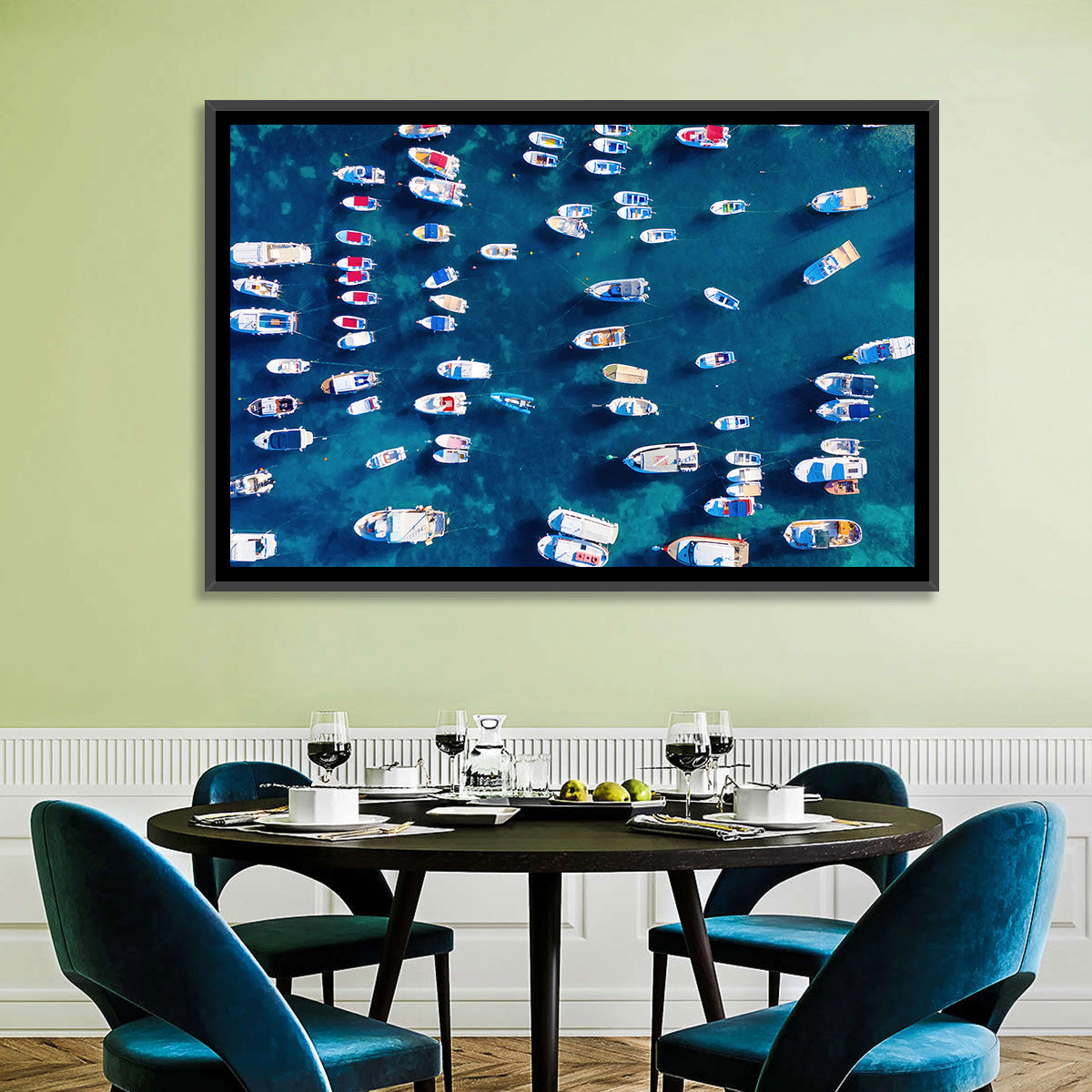 Aerial Boats Over Turquoise Sea Wall Art in a room, landscape