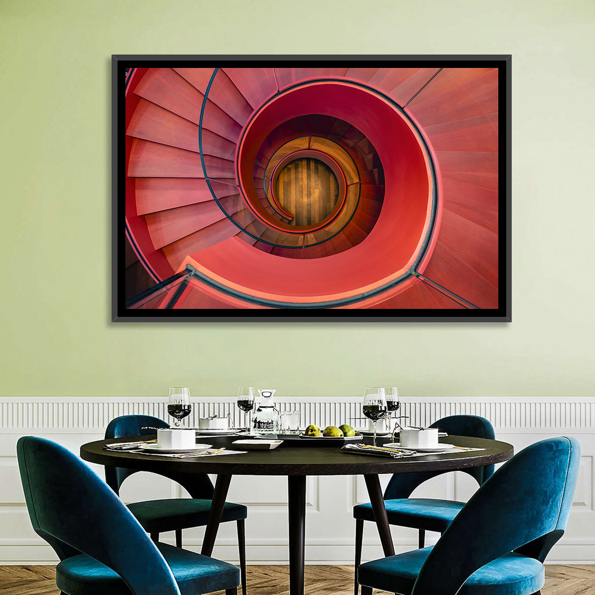 Red Spiral Staircase Wall Art in a room, landscape