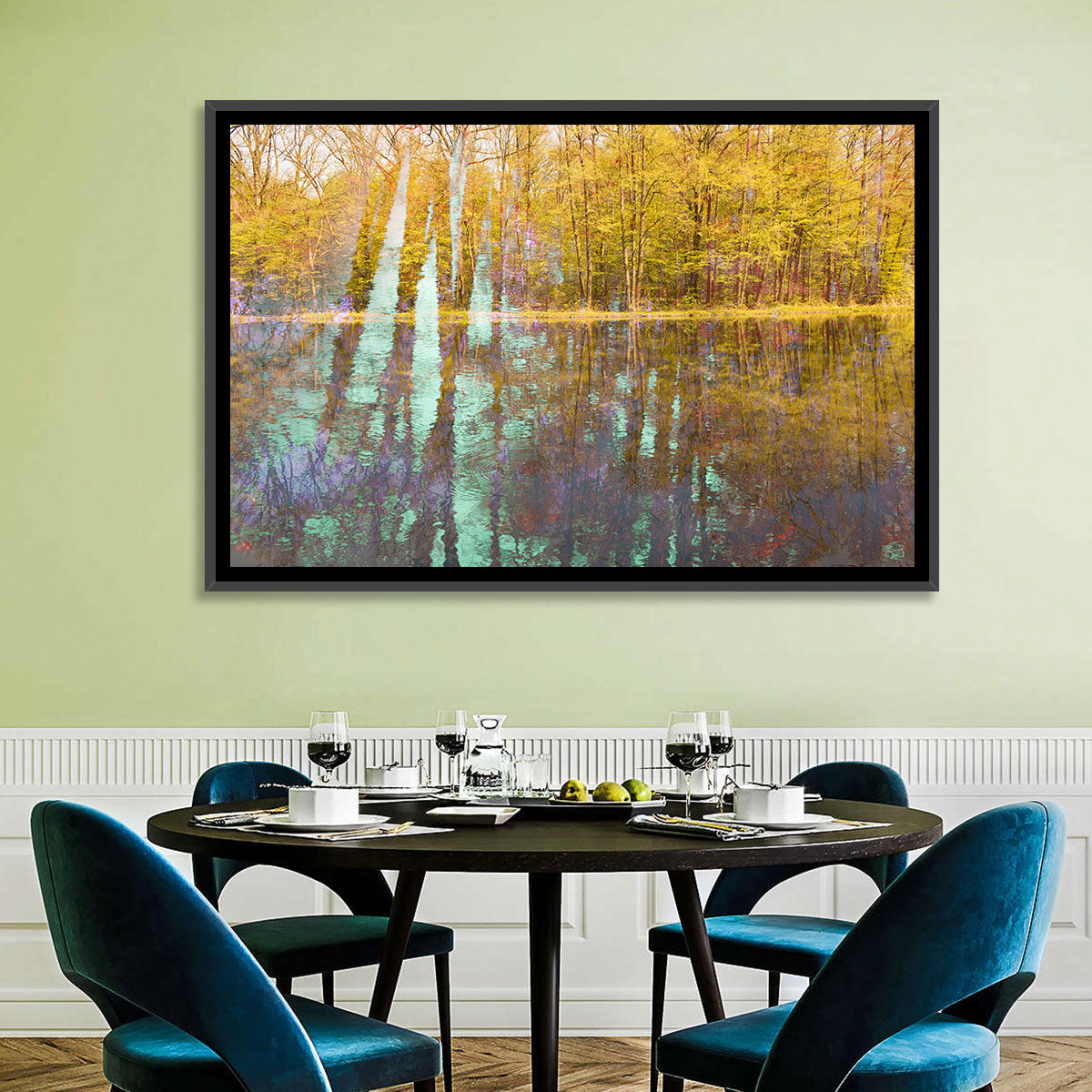 Autumn River Reflection Wall Art in a room, landscape