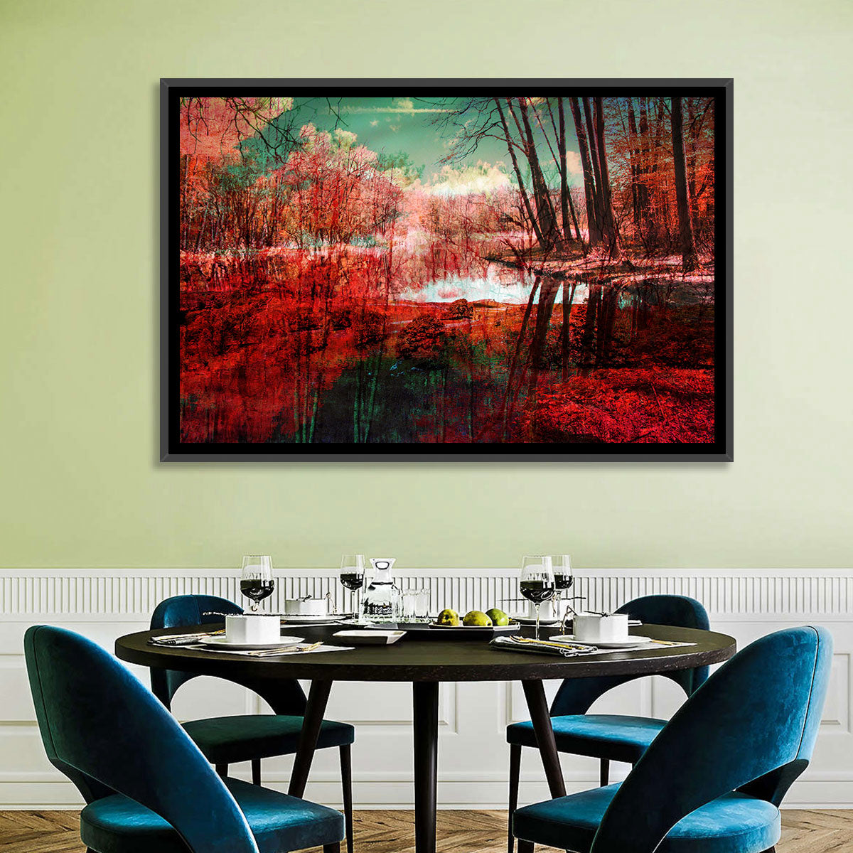 Red Forest Reflection Wall Art in a room, landscape