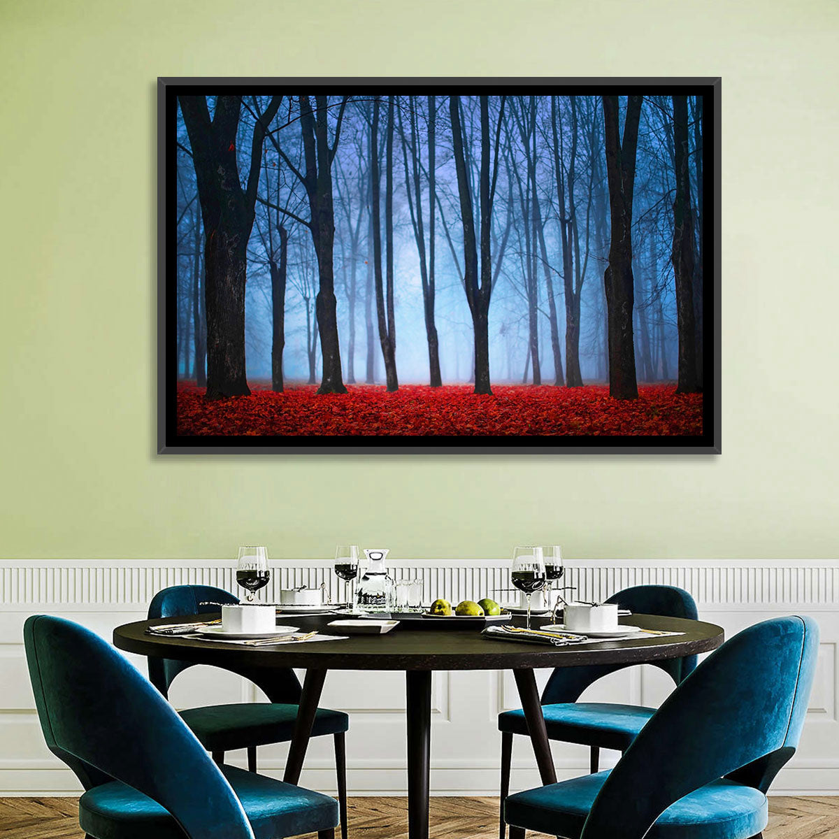 Mystical Autumn Forest Wall Art in a room, landscape