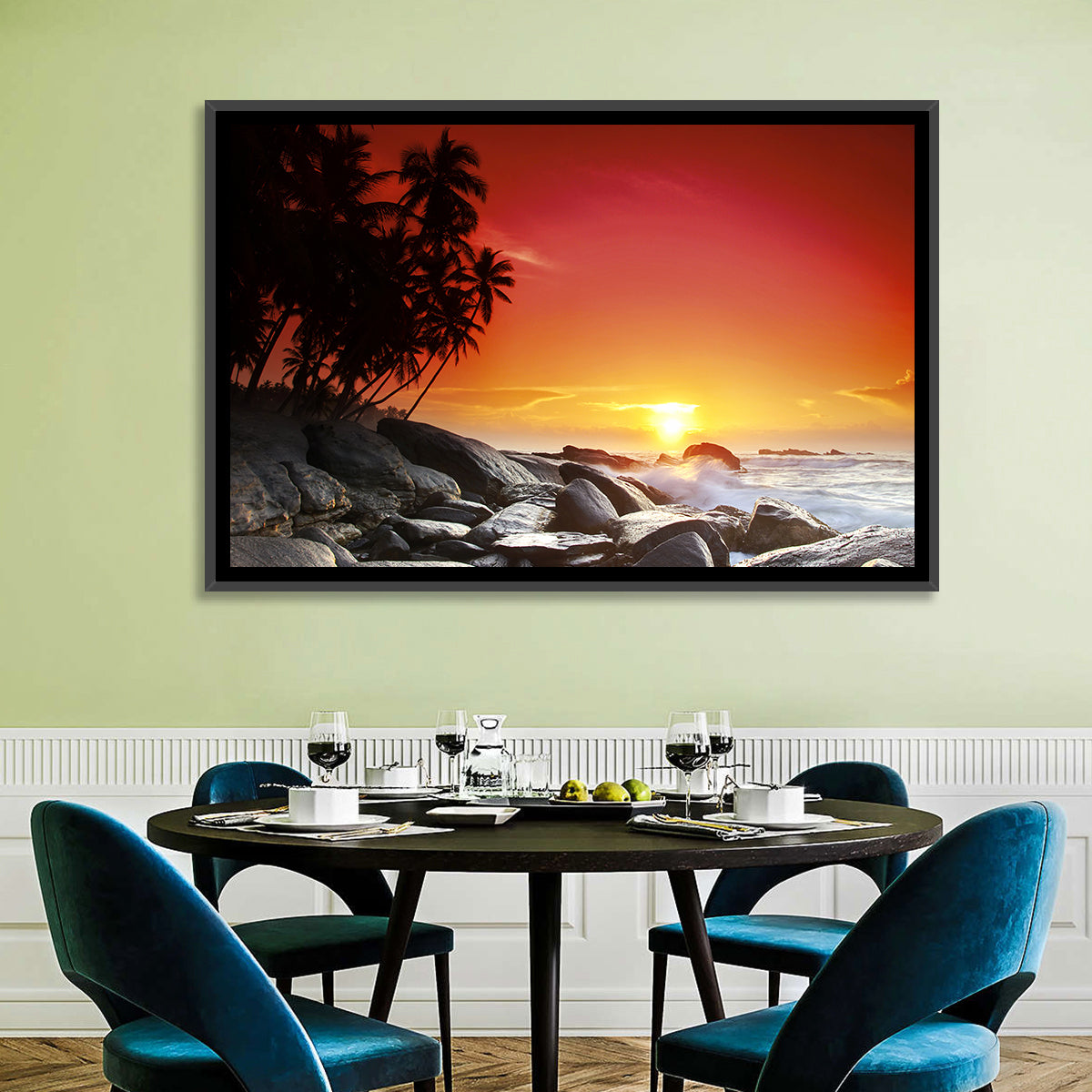 Tropical Island Sunset Wall Art in a room, landscape