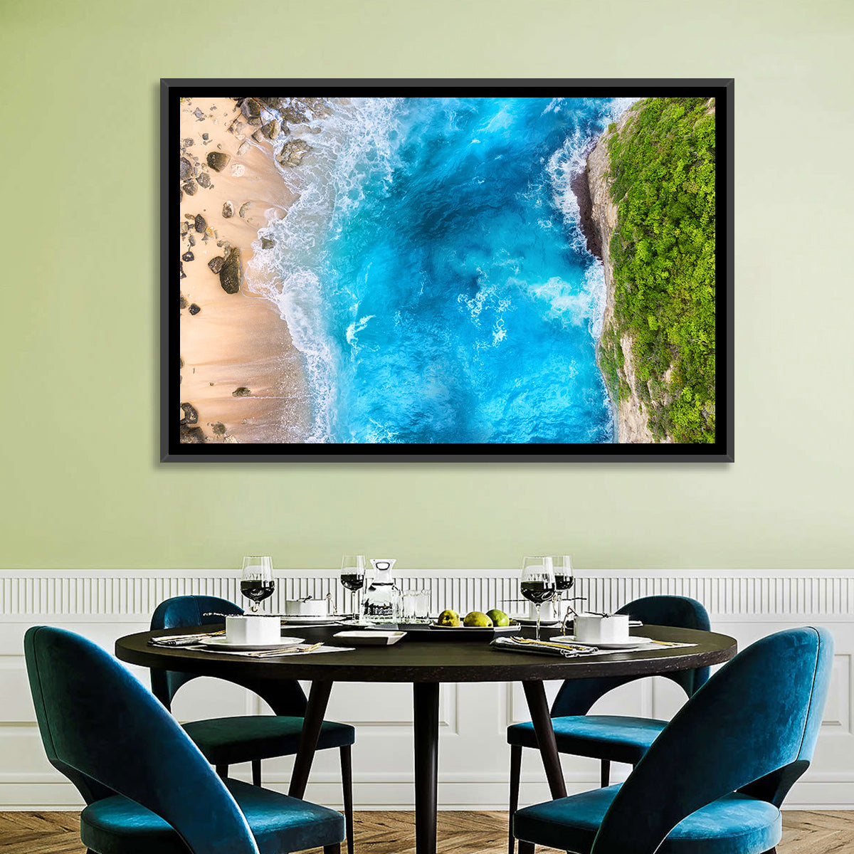 Aerial Turquoise Beach Cliffs Wall Art in a room, landscape