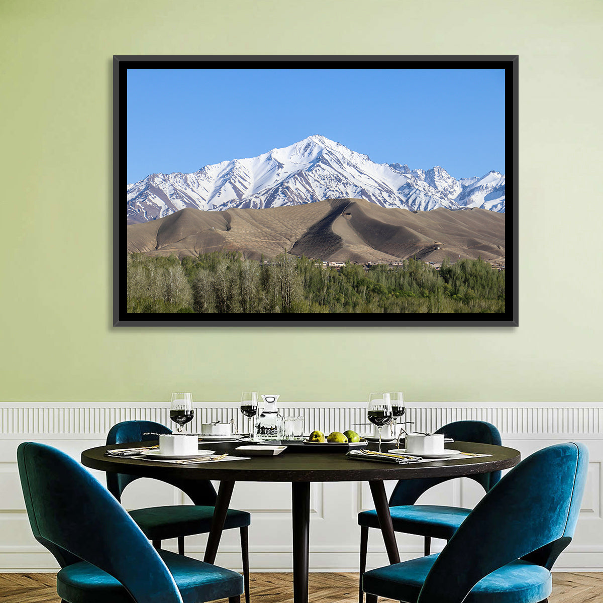 Afghan Snow-capped Peaks Above Forested Foothills Wall Art in a room, landscape