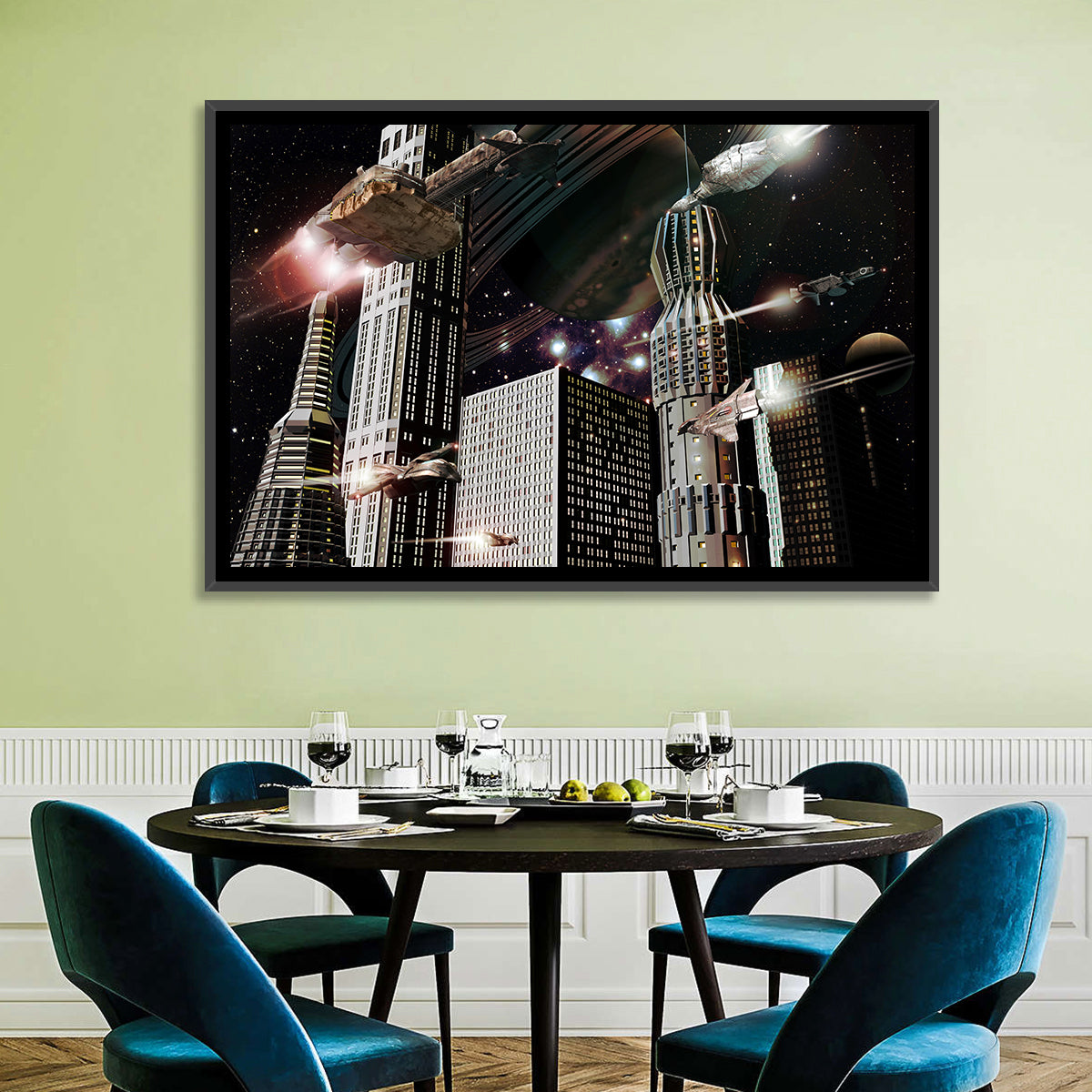 Ringed Planet Cityscape Wall Art
