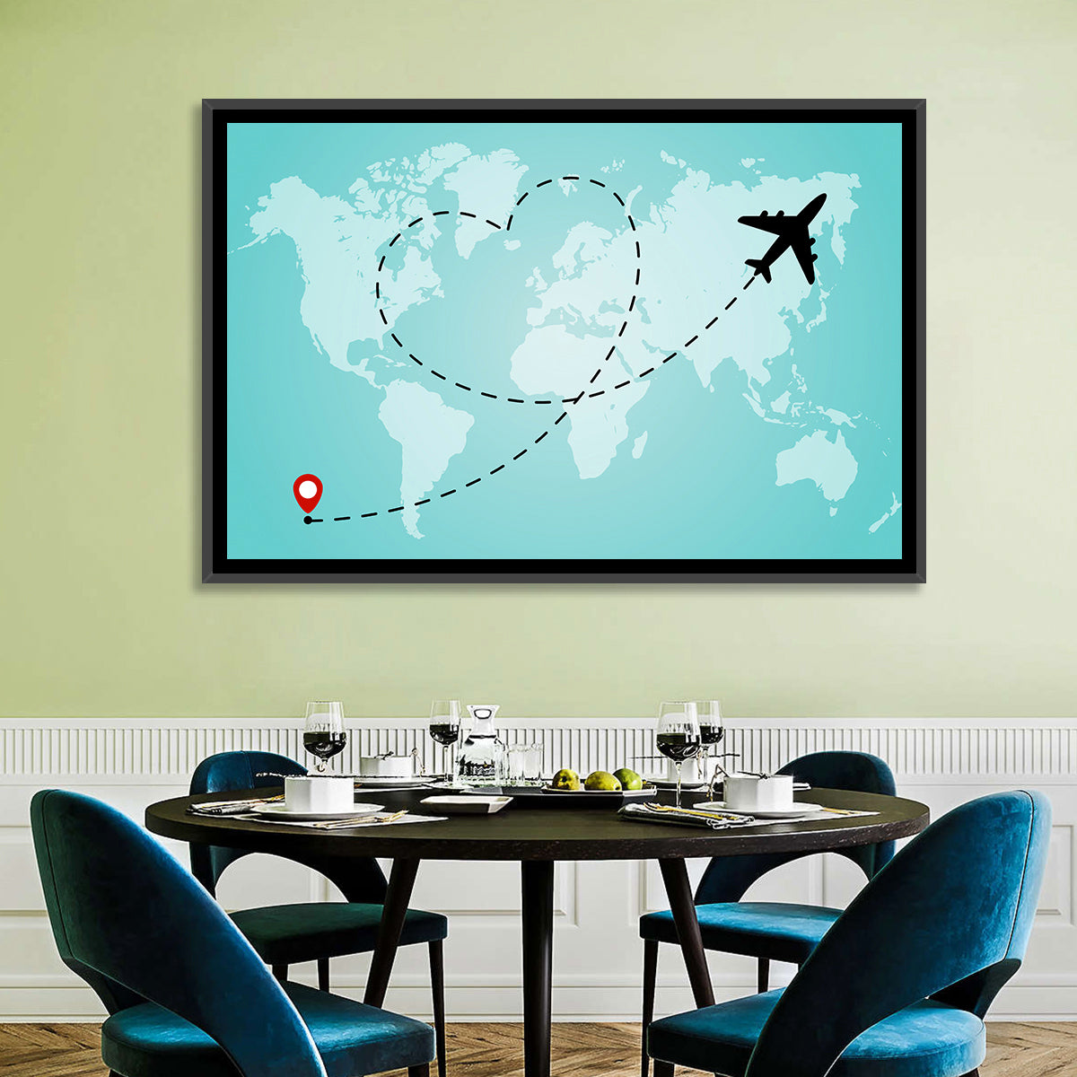 Heart Flight Map Wall Art in a room, landscape