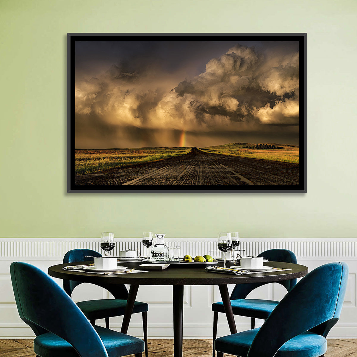 Rain-soaked Road to Rainbow Wall Art in a room, landscape