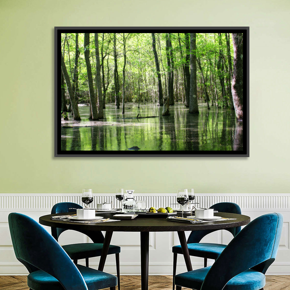 Sunlit Swamp Forest Wall Art in a room, landscape