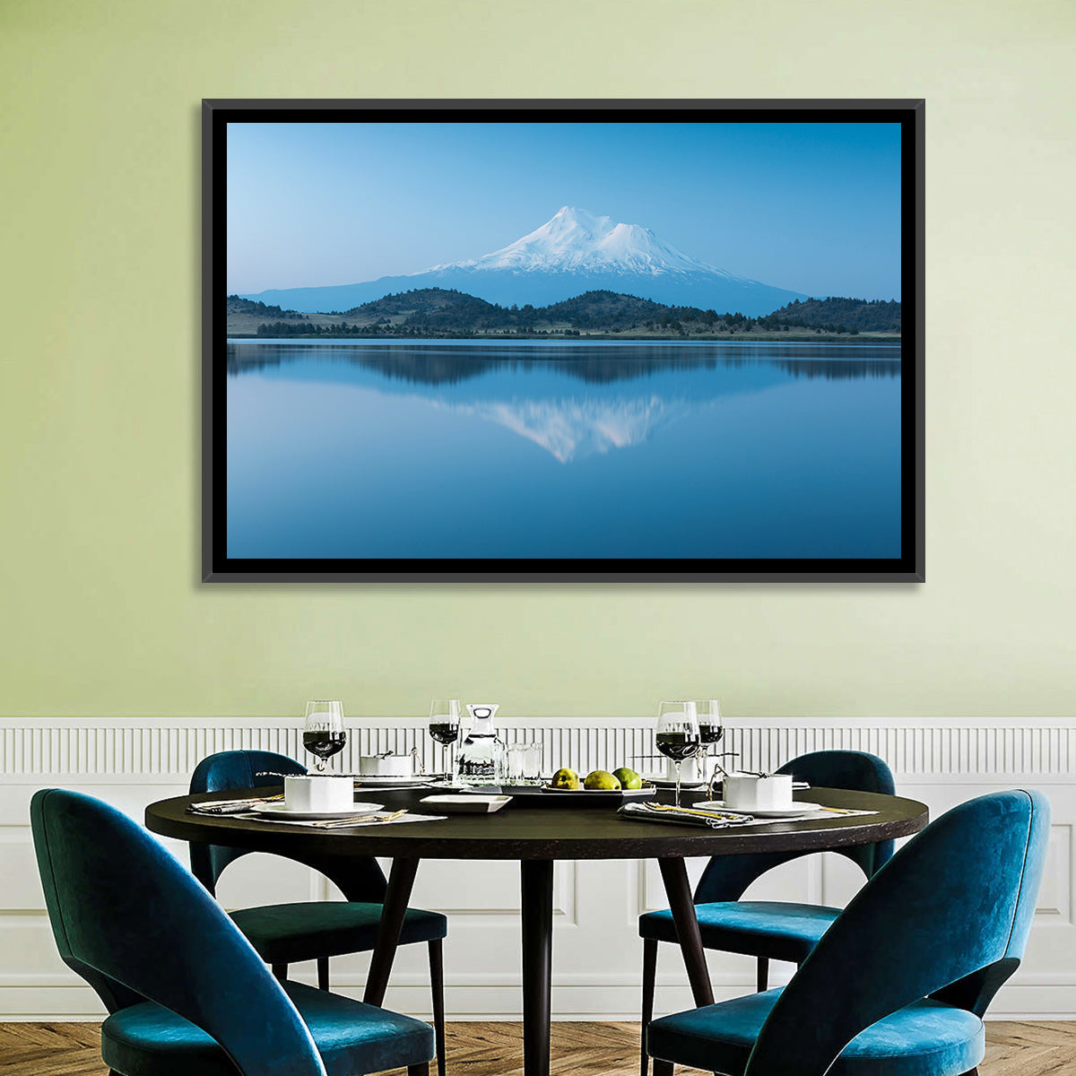 Snowy Mount Shasta Wall Art in a room, landscape