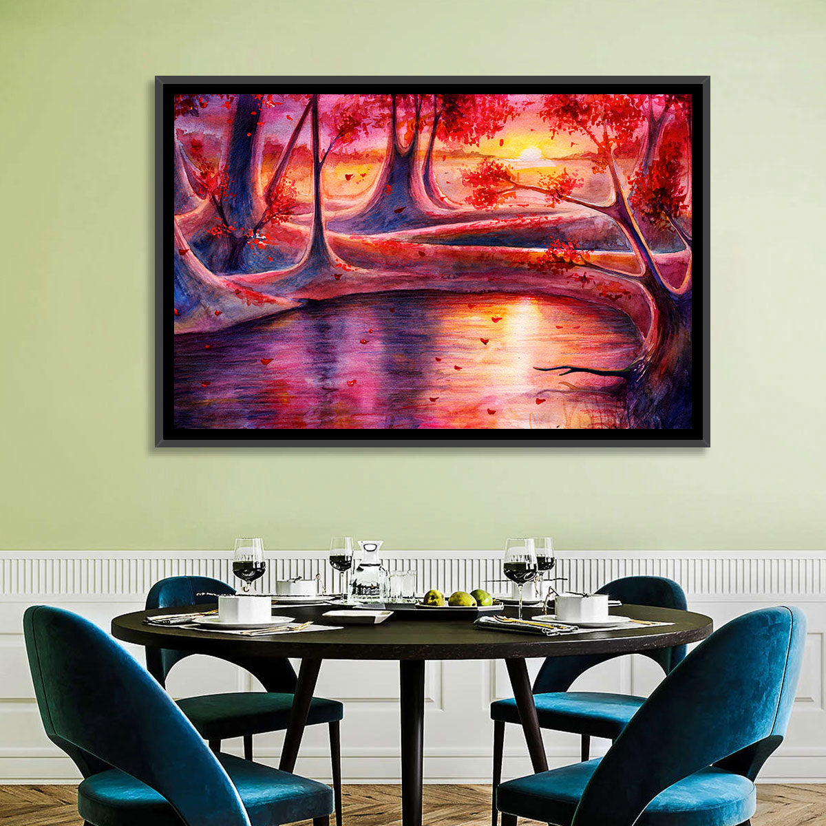 Autumn Forest Lake at Dusk Wall Art in a room, landscape