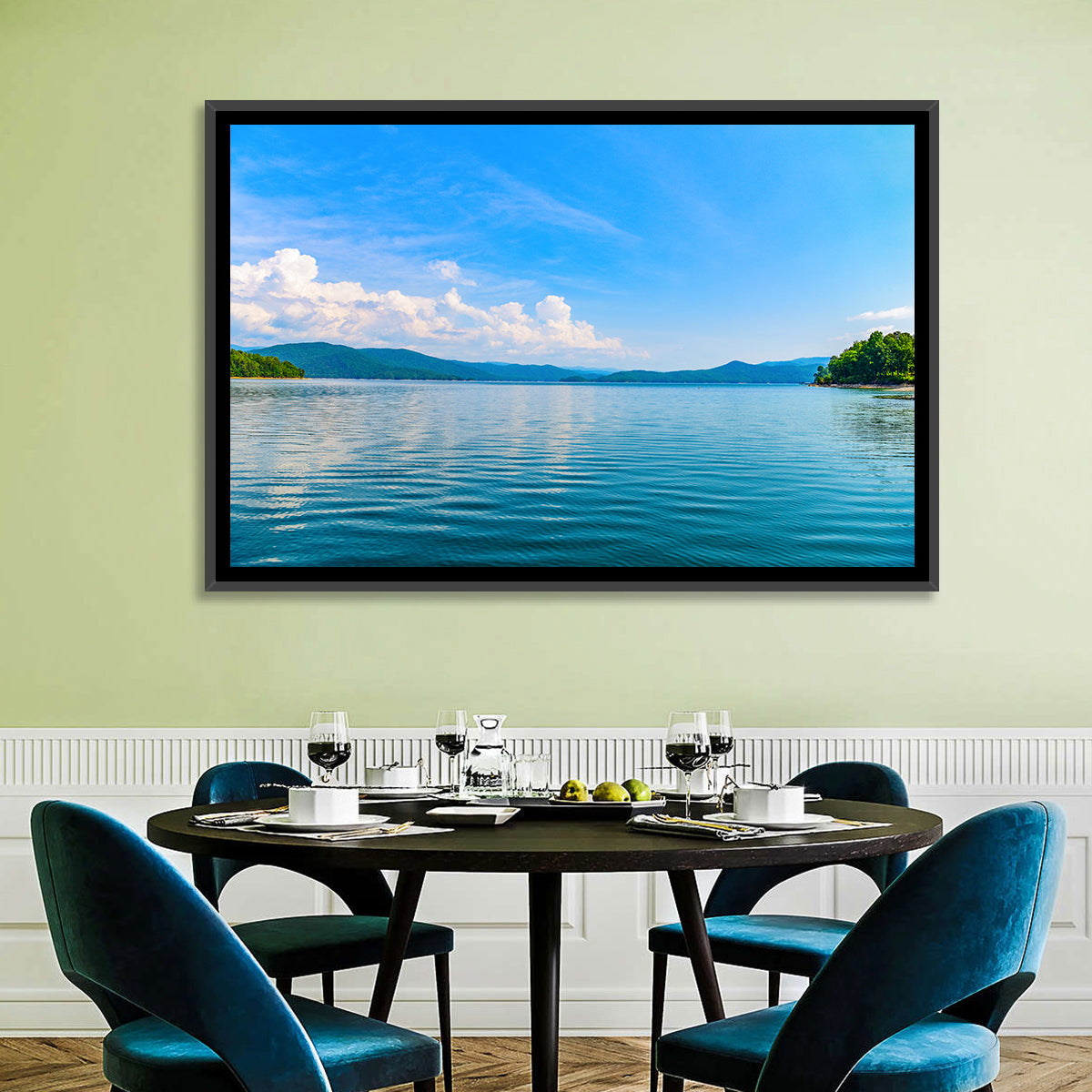 Lake Jocassee Wall Art in a room, landscape