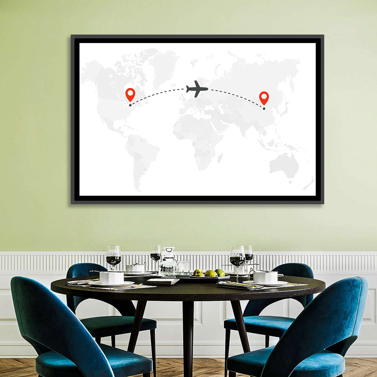 Air Travel World Map Wall Art in a room, landscape