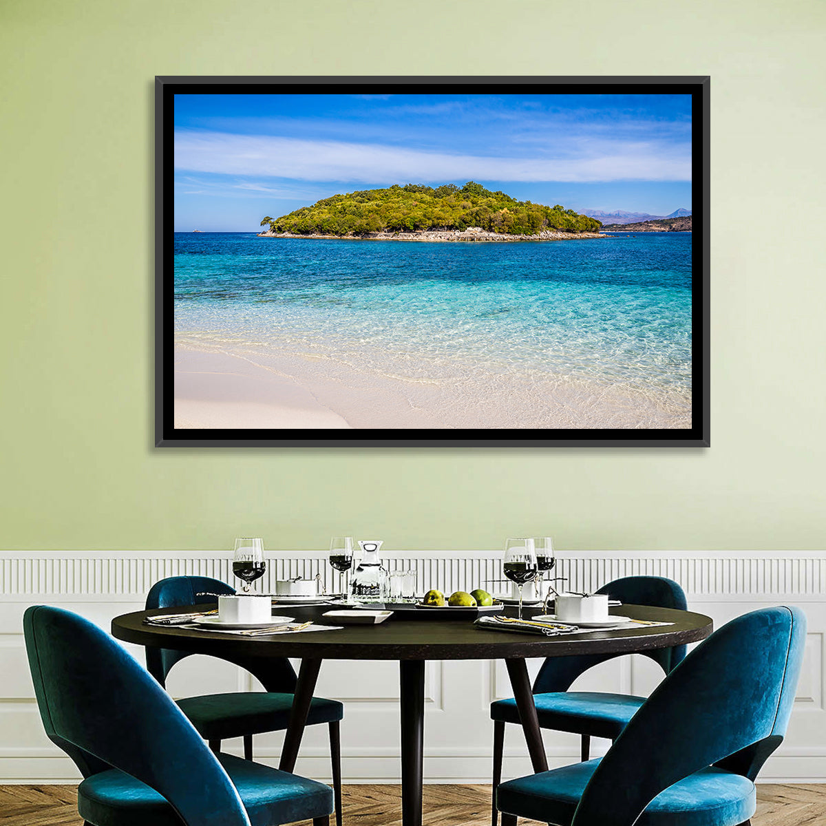 Butrint Turquoise Island Beach Wall Art in a room, landscape