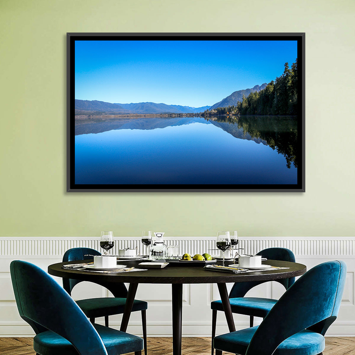 Lake Quinault Reflection Wall Art in a room, landscape