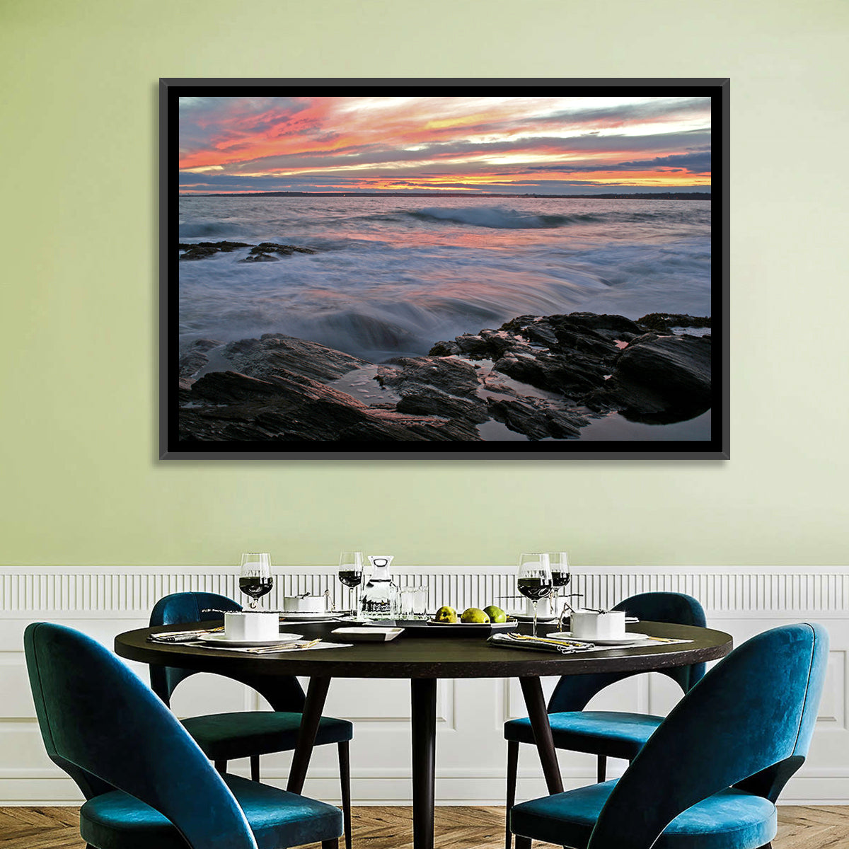 Rocky Coast Sunset Wall Art in a room, landscape