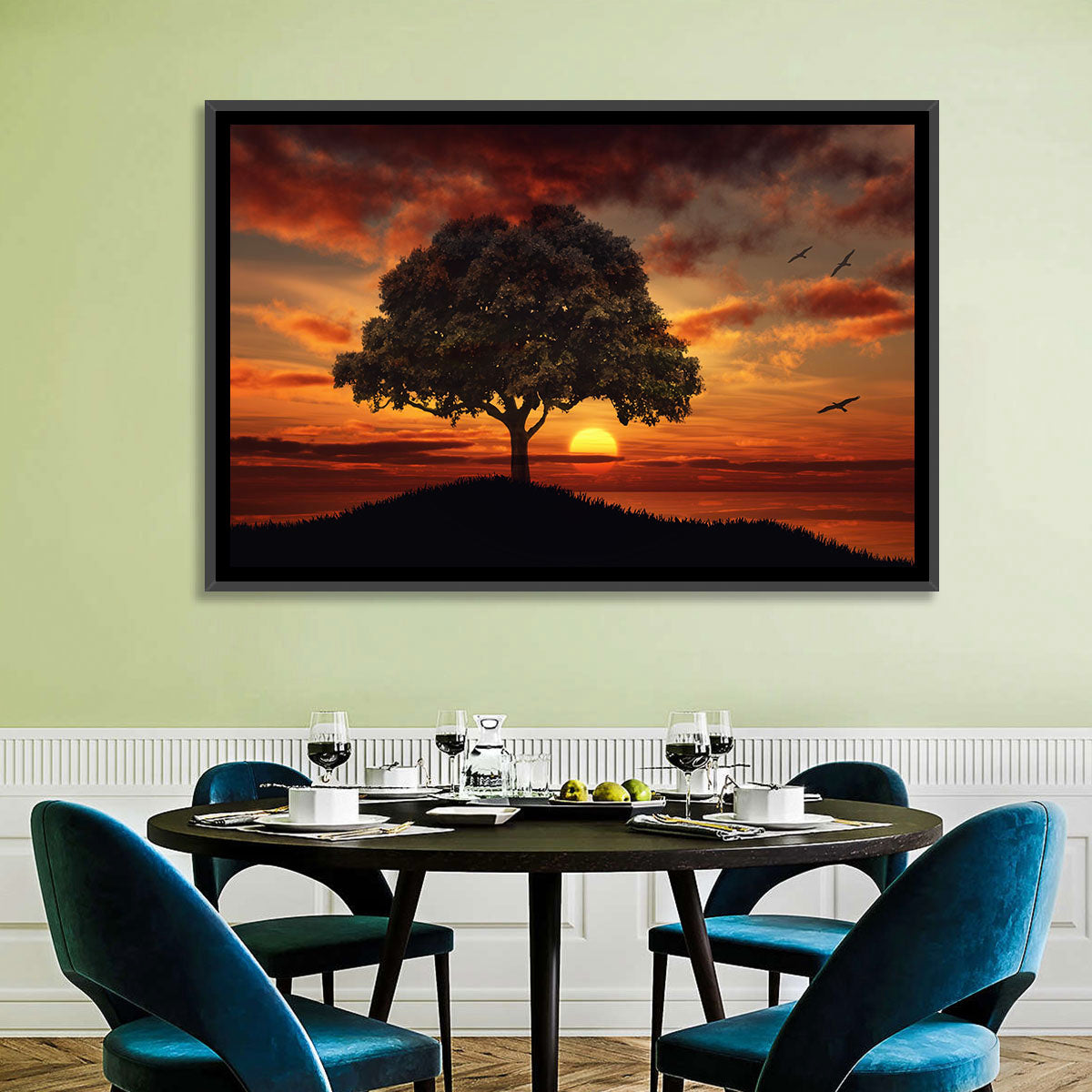 Lone Tree at Sunset with Birds Wall Art in a room, landscape