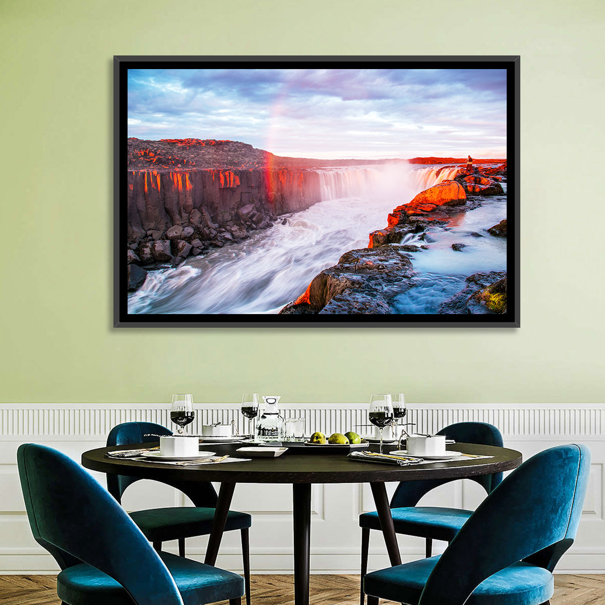 Golden Hour Selfoss Falls Rainbow Wall Art in a room, landscape