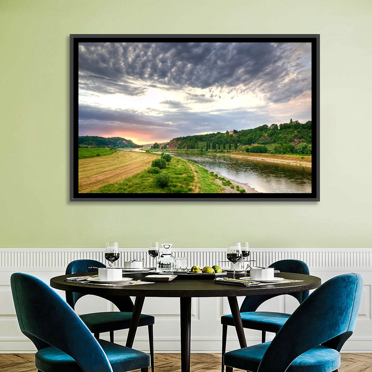 Elbe River at Golden Hour Wall Art in a room, landscape