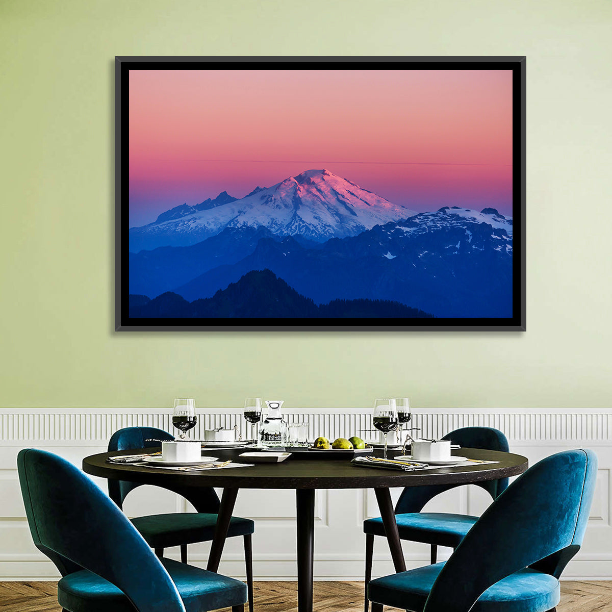 Mount Baker Alpenglow Wall Art in a room, landscape