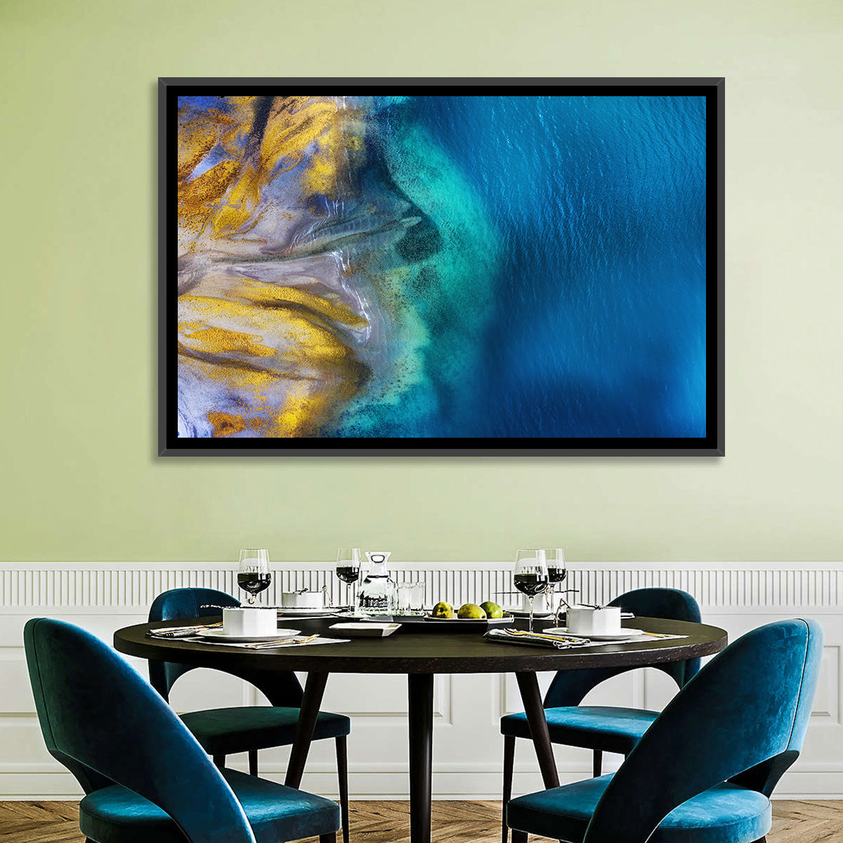 Golden Coast Abstract Wall Art in a room, landscape