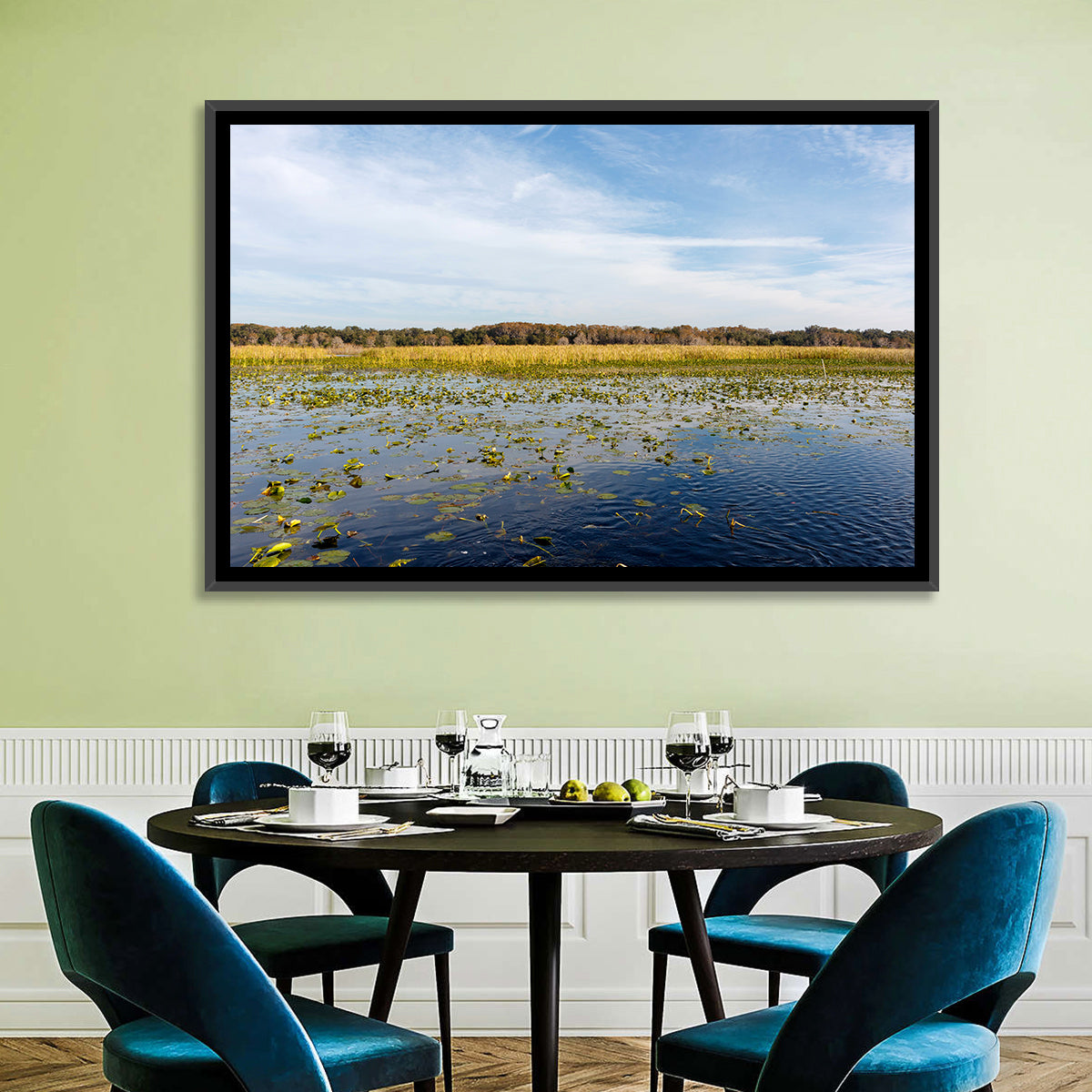 Cloudy Lake Toho Wall Art in a room, landscape