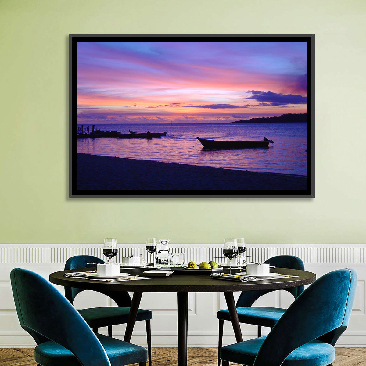 Malolo Island Sunset with Moored Boats Wall Art in a room, landscape