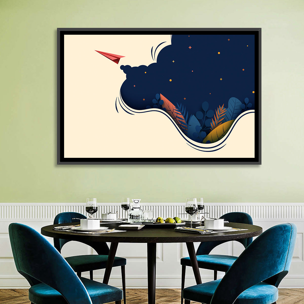 Paper Airplane in Flight Wall Art in a room, landscape