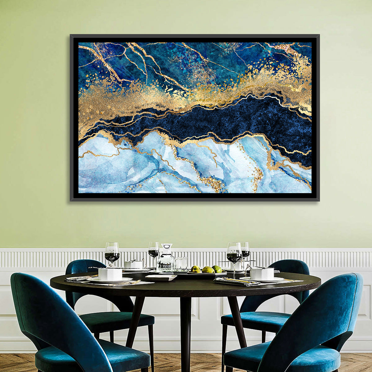 Navy Blue Marble with Gold Veins Wall Art in a room, landscape