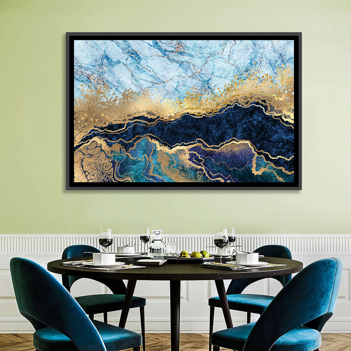 Blue Marble with Gold Veins Wall Art in a room, landscape