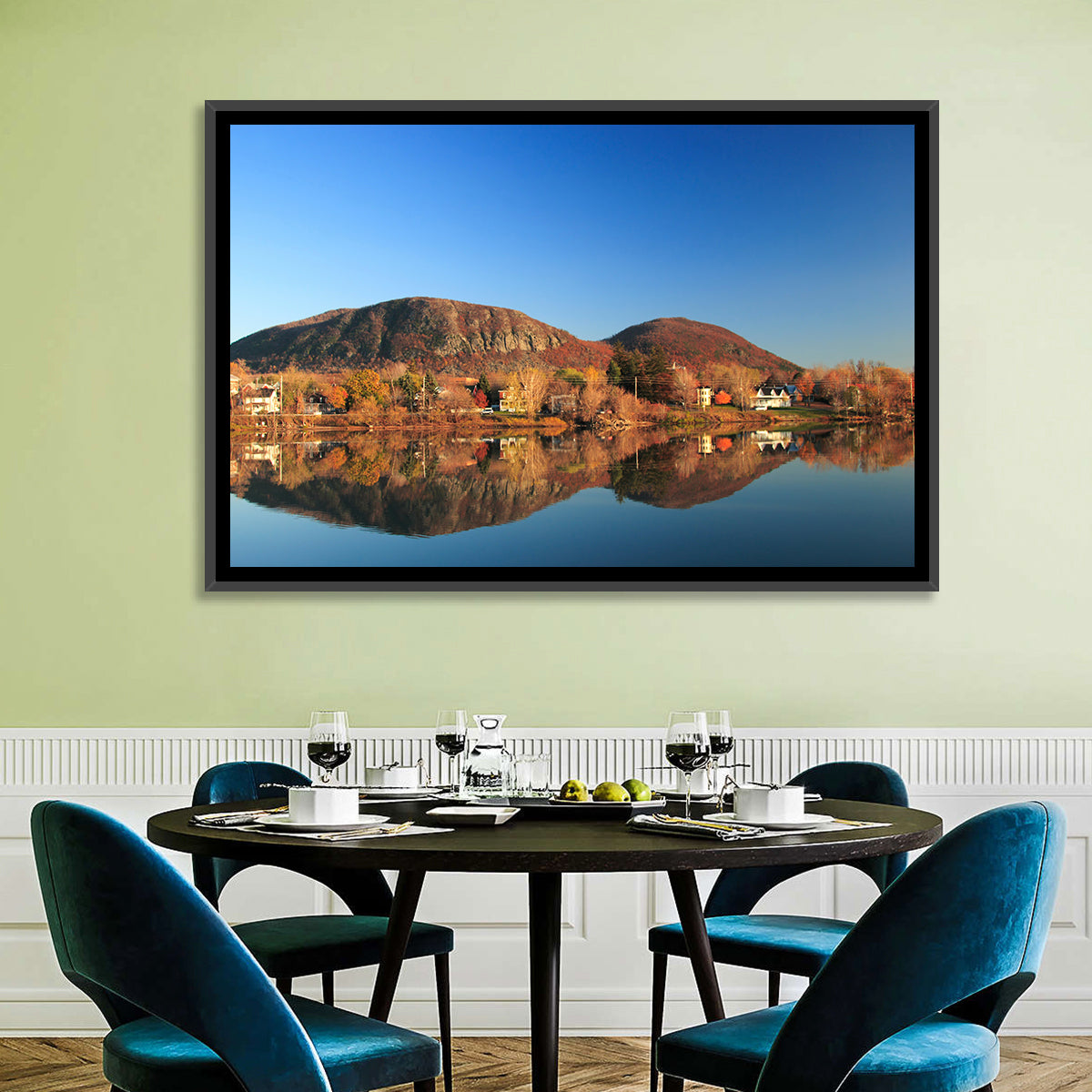 Mont Saint-hilaire Autumn Reflection Wall Art in a room, landscape