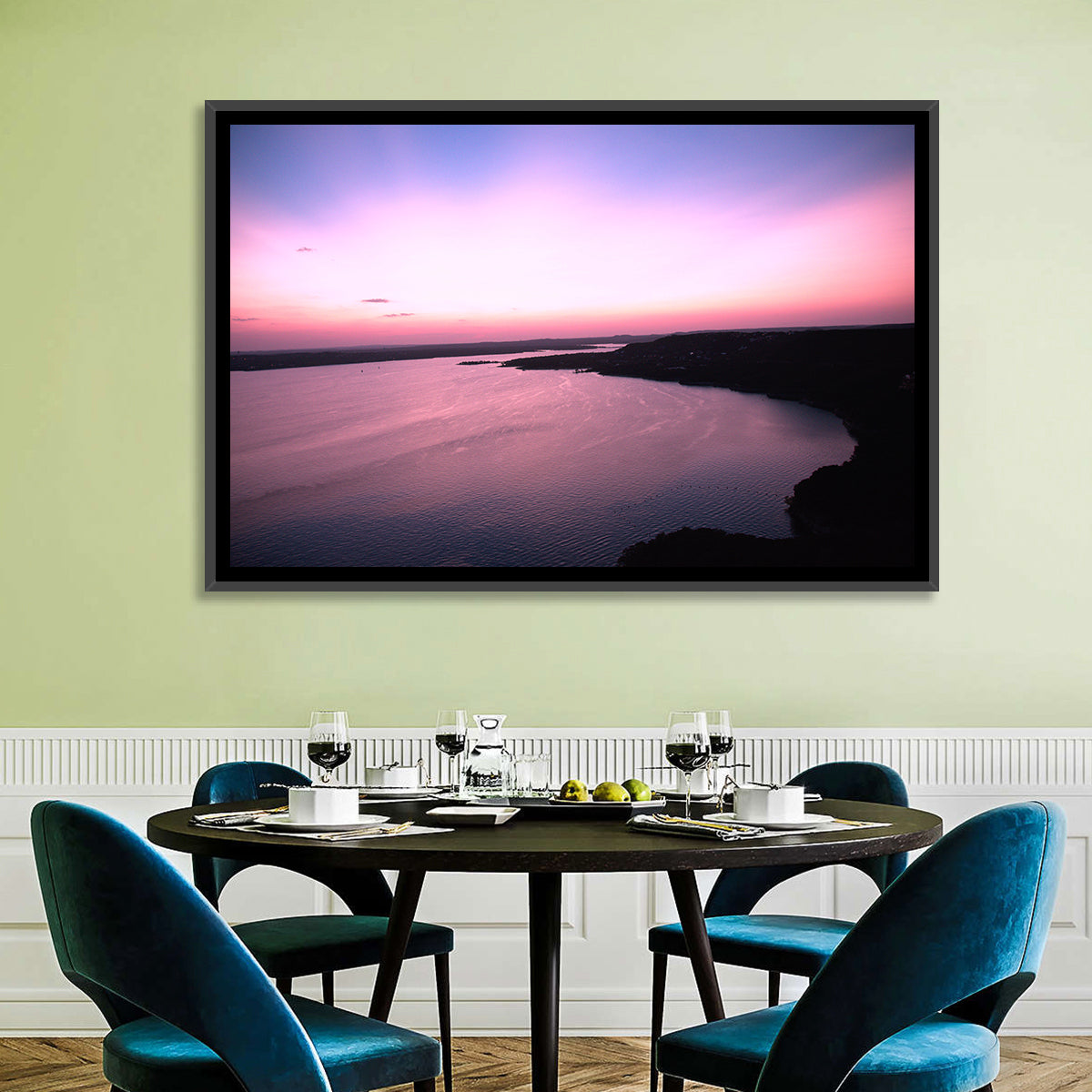 Lake Travis Purple Sunset Wall Art in a room, landscape