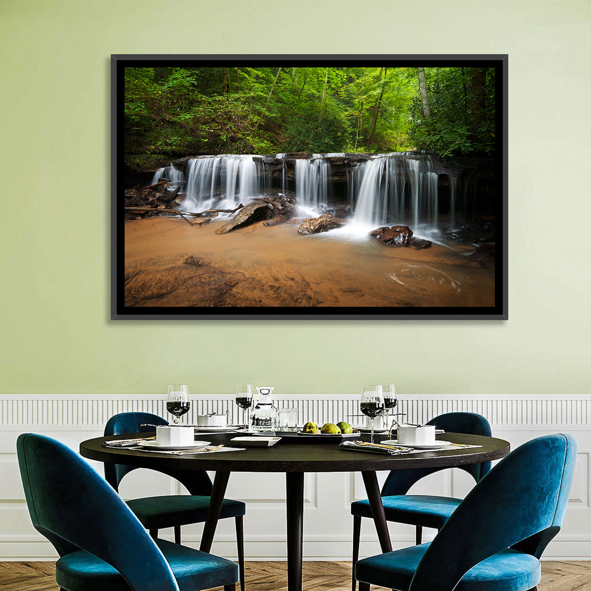 Lush Green Forest Waterfall Wall Art in a room, landscape