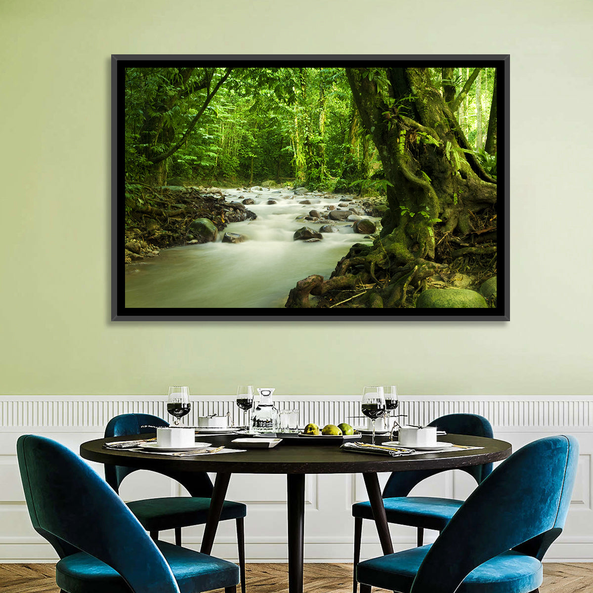 Emerald Rainforest River Wall Art in a room, landscape