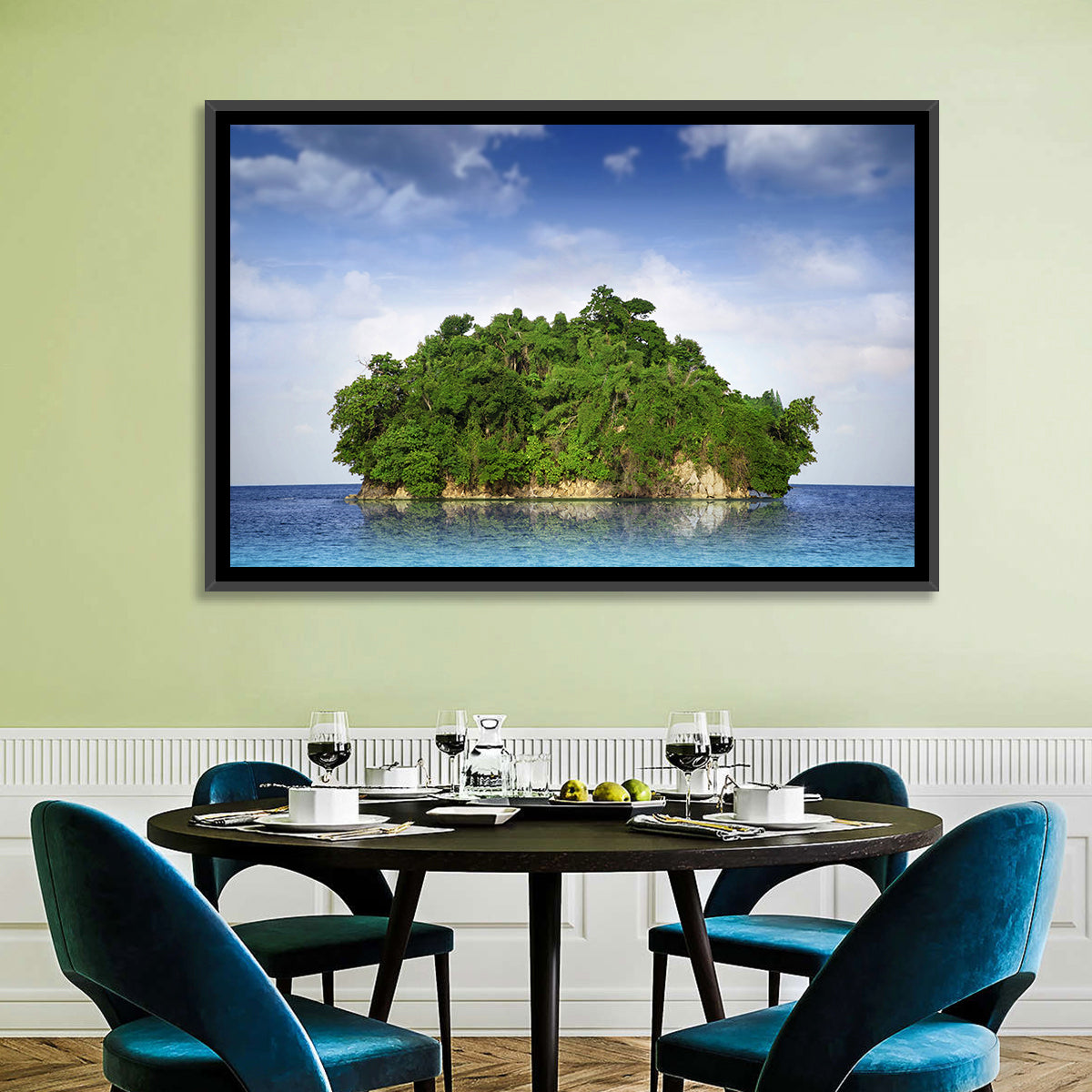 Tranquil Tropical Island Reflection Wall Art in a room, landscape