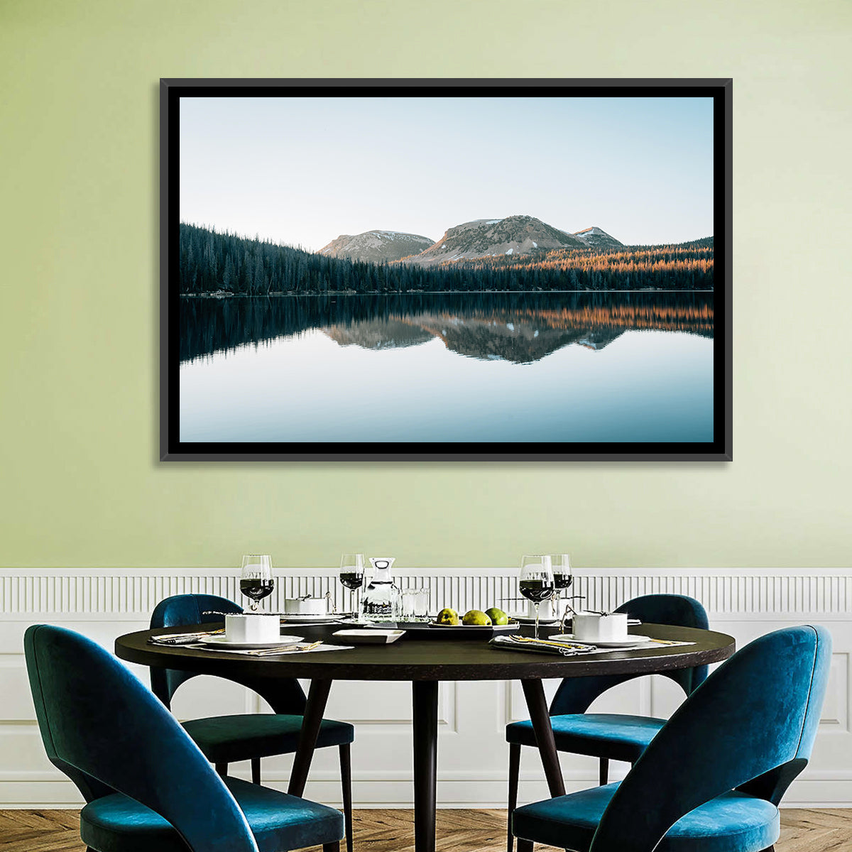 Mirror Lake Utah Reflection Wall Art in a room, landscape