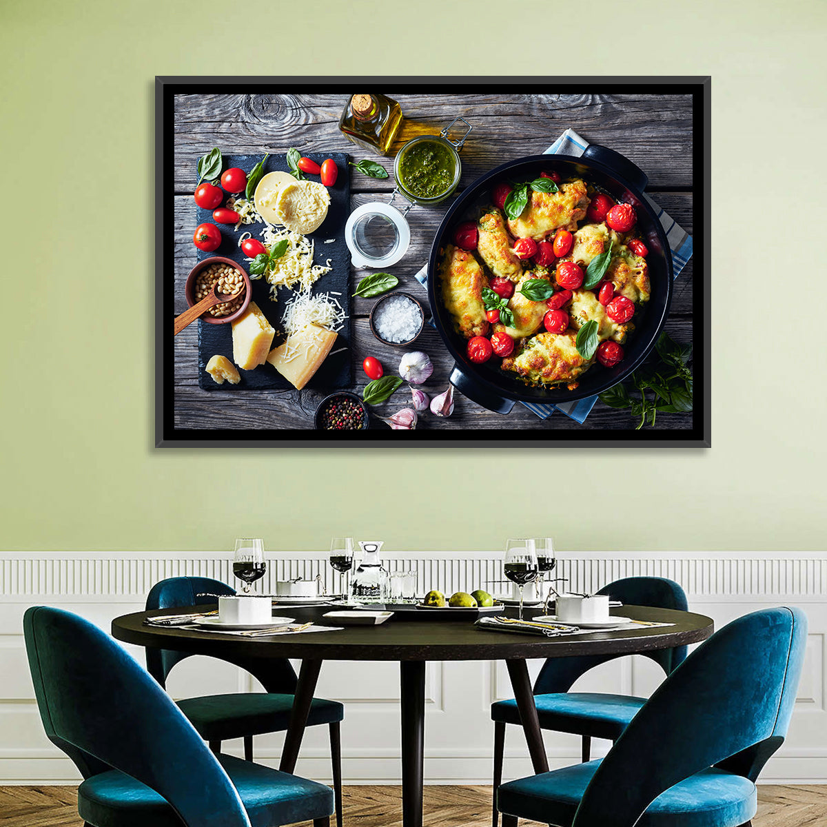 Pesto Baked Chicken Flat Lay Wall Art in a room, landscape
