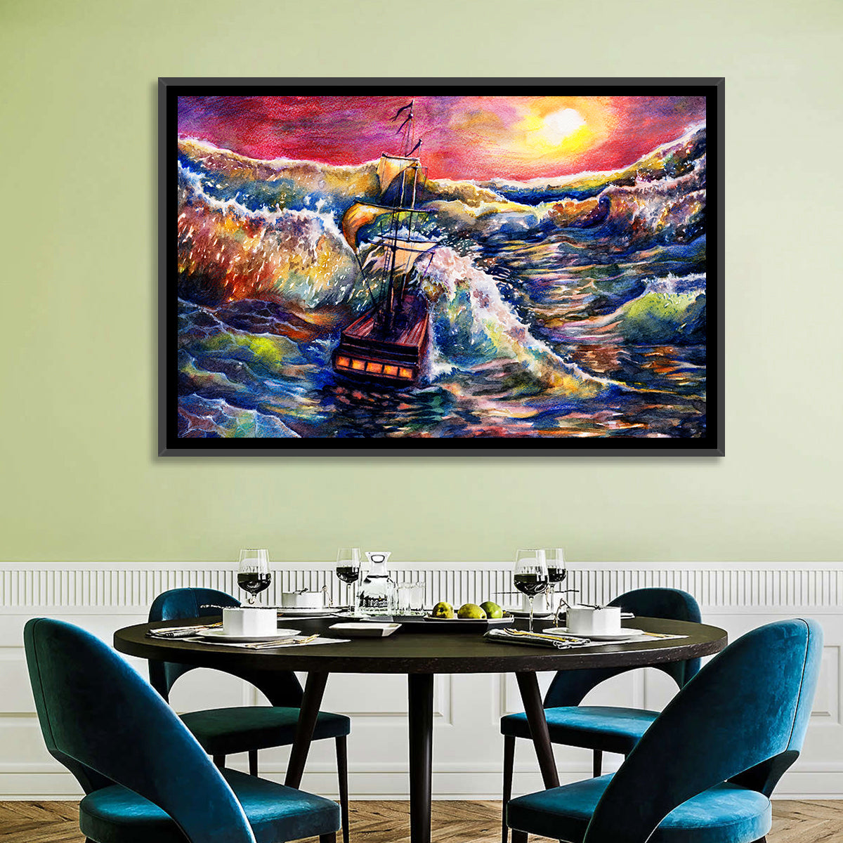 Stormy Sunset Sailing Ship Wall Art in a room, landscape