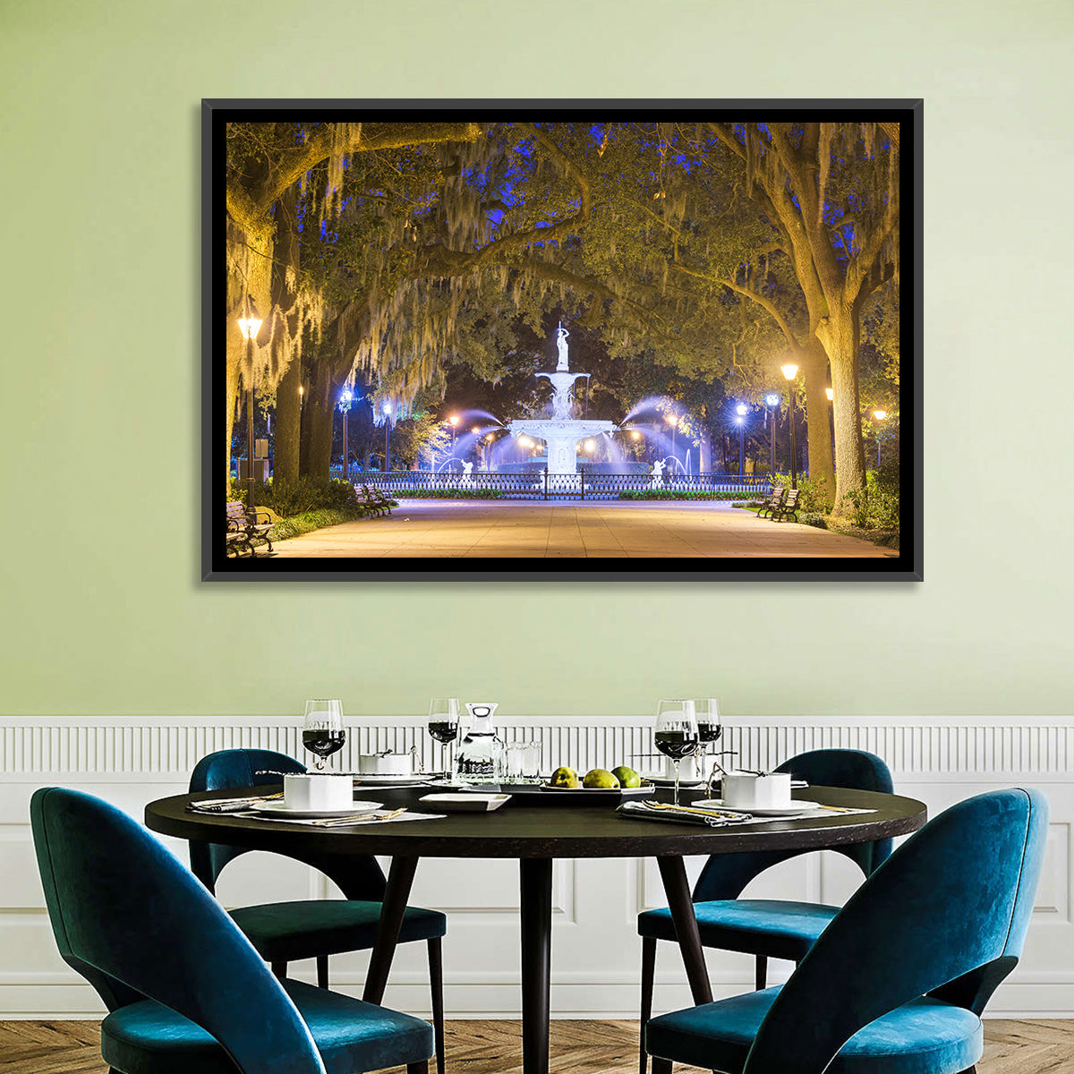 Forsyth Park Fountain at Night Wall Art in a room, landscape