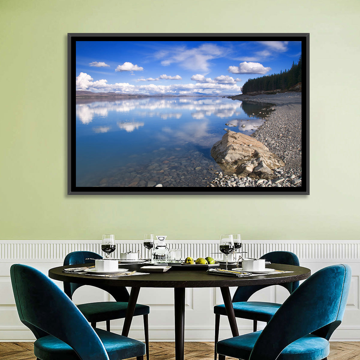 Pukaki Pebbled Shoreline Wall Art in a room, landscape