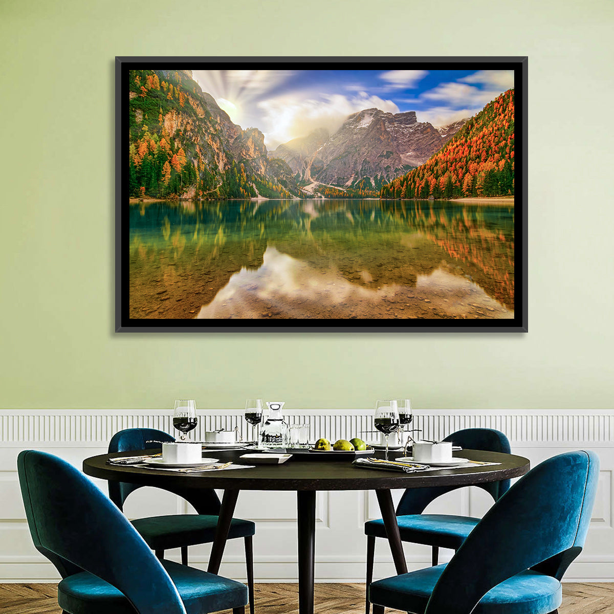Lago Di Braies Sunrise Wall Art in a room, landscape