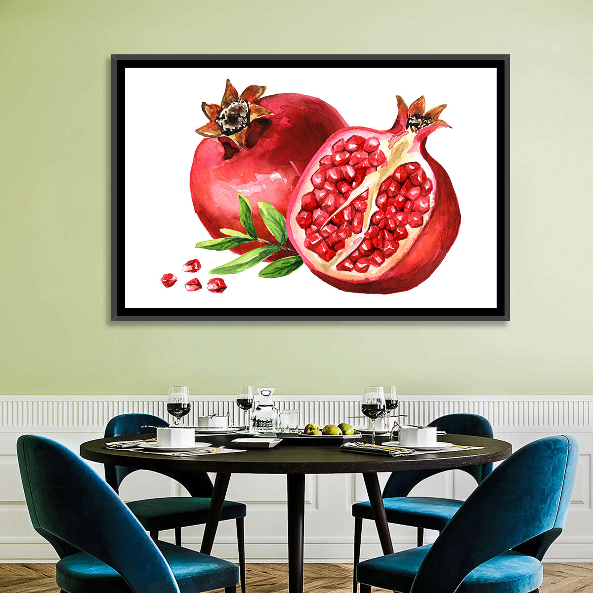 Fresh Pomegranate Watercolor Wall Art in a room, landscape