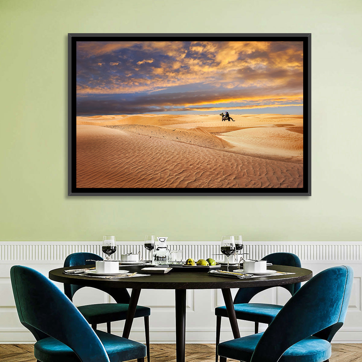 Sahara Camel Rider at Sunset Wall Art in a room, landscape