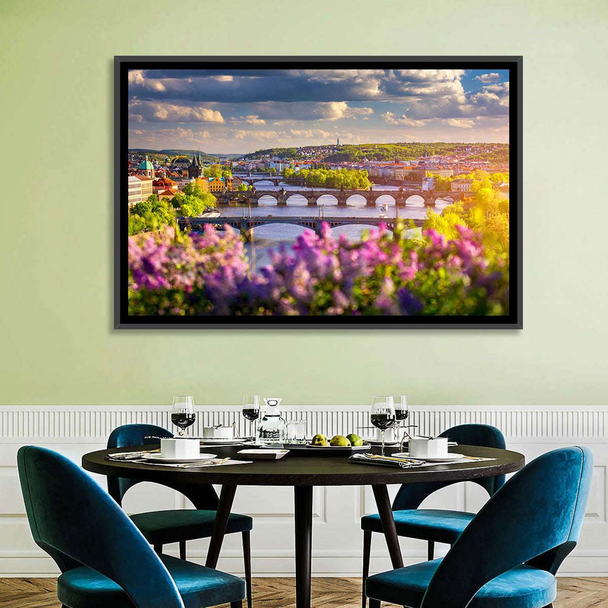 Prague Vltava Bridges in Spring Light Wall Art in a room, landscape